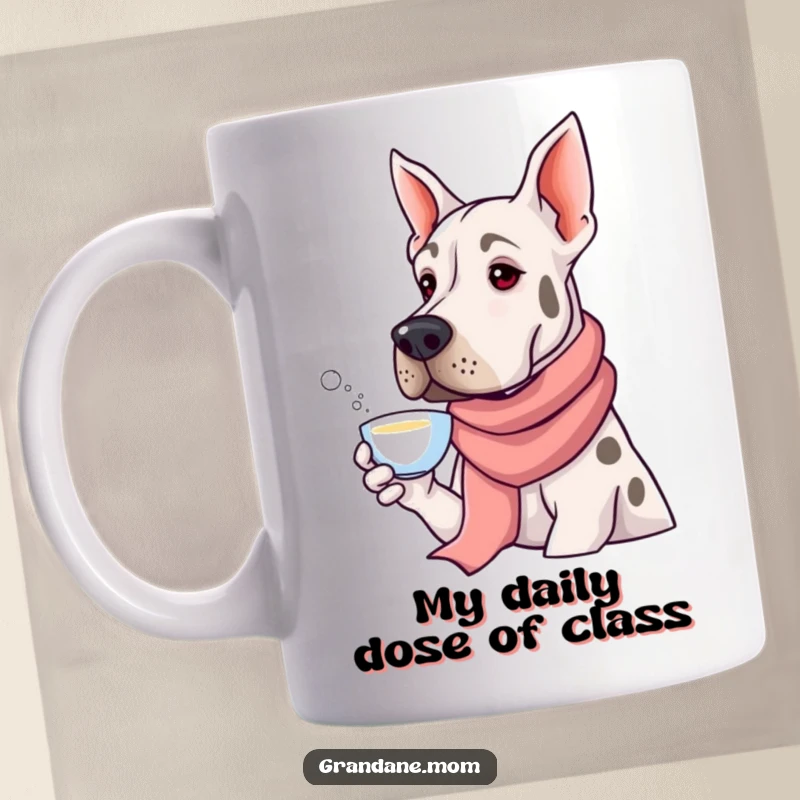 Funny Grand Dane sipping tea while wearing a long silk scarf, exuding sophisticated and humorous elegance, perfect for a tea lover.