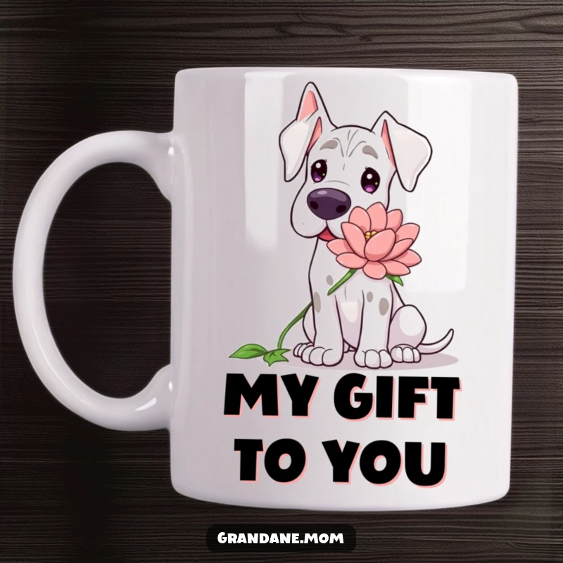 Funny Grand Dane mug, showing a gentle dog with a kind expression, offering a very large, beautiful flower.