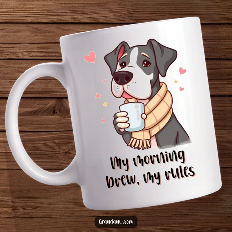Funny Great Dane Mug: A giant dog in a scarf sips hot cocoa, looking incredibly cozy and content.