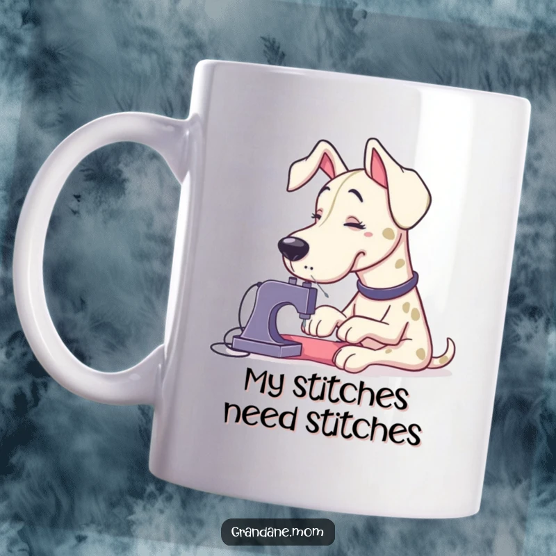 Funny Grand Dane attempting to sew a tiny button with oversized needles, looking determined yet clumsy on this hilarious coffee mug.