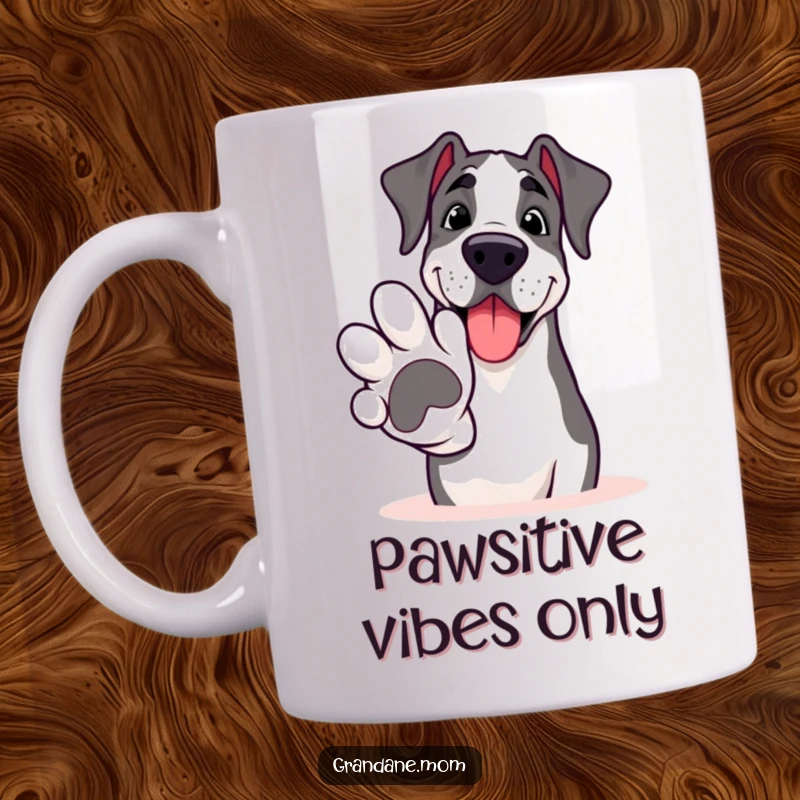 Funny Grand Dane mug, smiling and extending a giant paw for a friendly handshake, radiating warmth and charm.