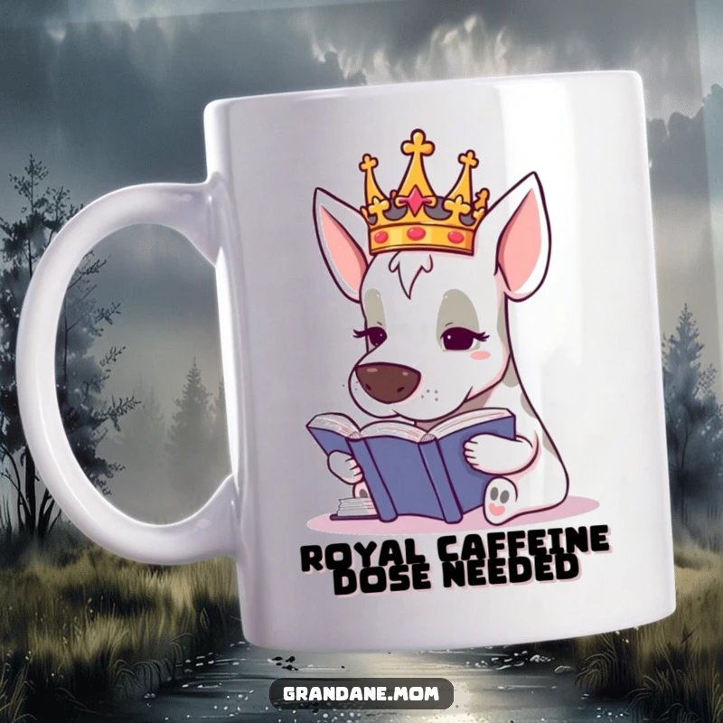 Funny Grand Dane Scholar Mug, a royal dog with a tiny crown, intently reading a large book, a humorous intellectual gift.
