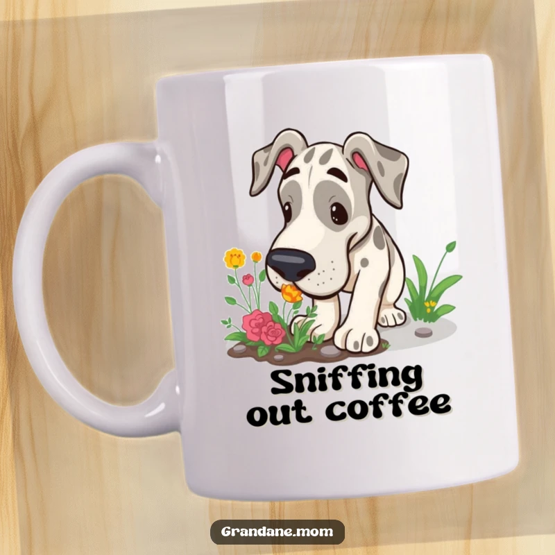 Funny Grand Dane mug showing a large dog with its nose down, curiously sniffing a small garden patch, full of playful exploration.