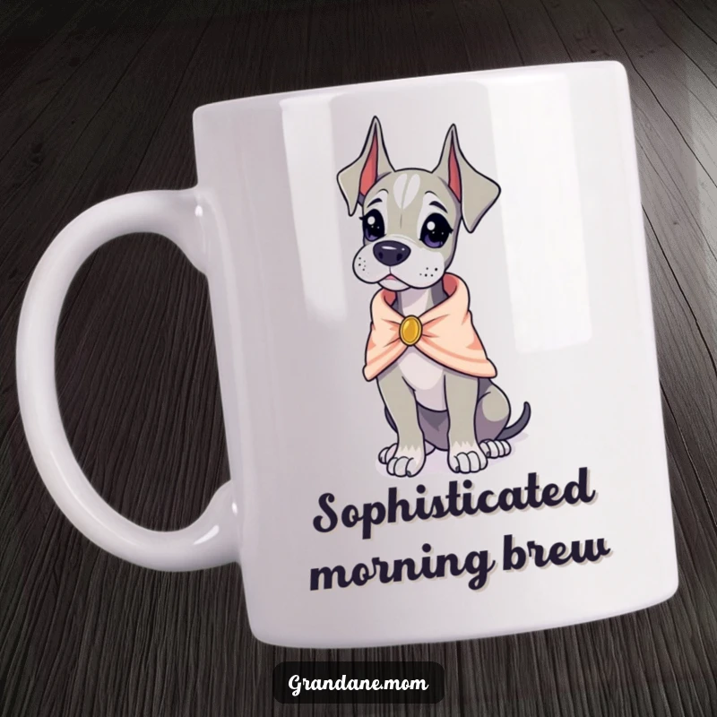 Funny Grand Dane wearing a tiny, elegant shawl, looking poised and sophisticated, perfect funny gift mug.
