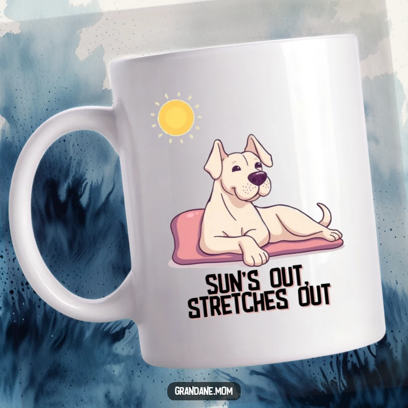 Funny Grand Dane mug showing a dog happily stretching in the sun, embodying pure relaxation and contentment, great gift.