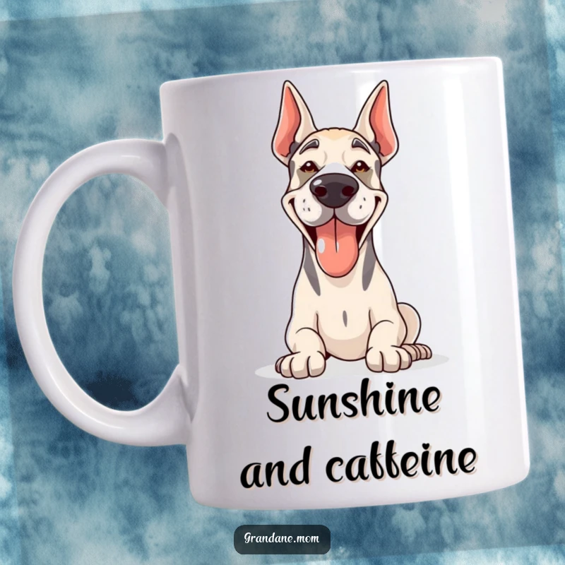 Funny Grand Dane mug featuring a happy, panting dog basking in sunshine, conveying pure joy and warmth.