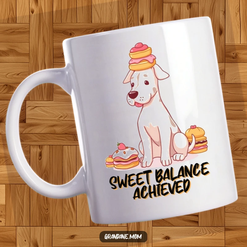 Funny Grand Dane mug showing a graceful dog with a delicate stack of pastries perfectly balanced on its head.