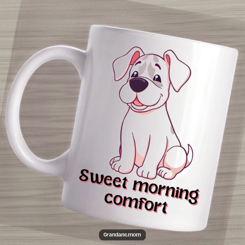 Funny mug showing a Grand Dane with a sweet expression, curled up comfortably and happily resting.
