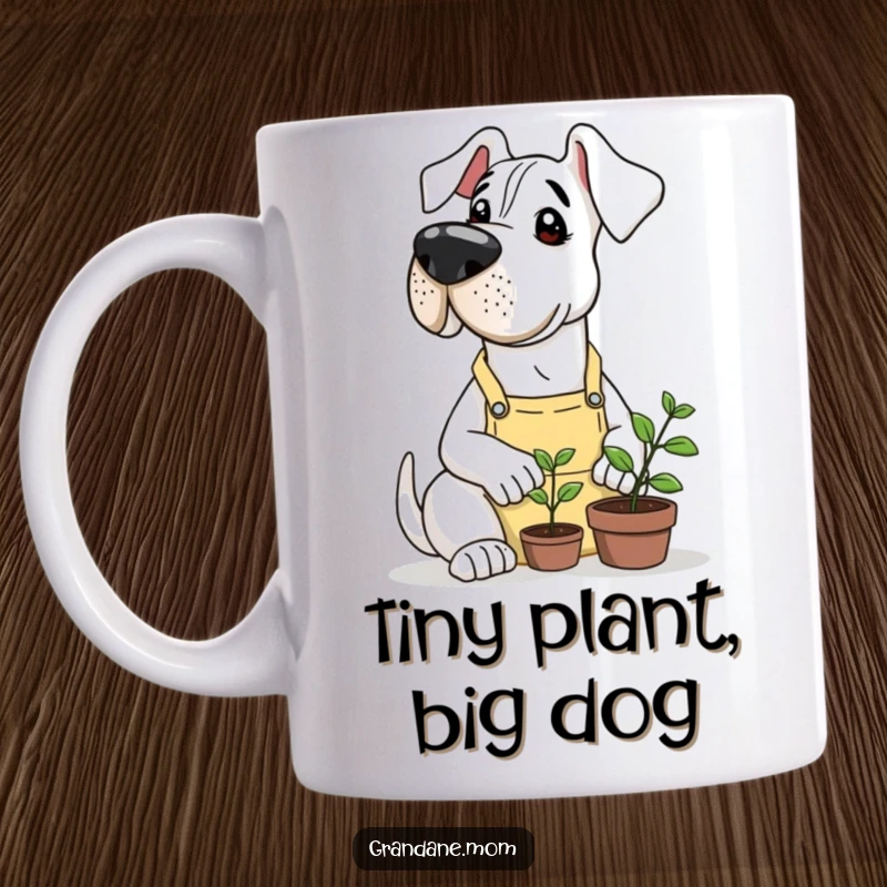 Funny Grand Dane wearing a gardening apron, gently nurturing a tiny sprout with its large paws, on a charming mug.