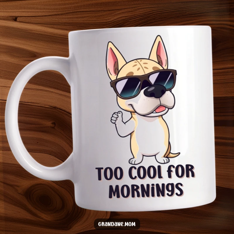 Funny Grand Dane sunglasses mug showing a large dog wearing stylish shades, posing coolly for a humorous and chic effect.