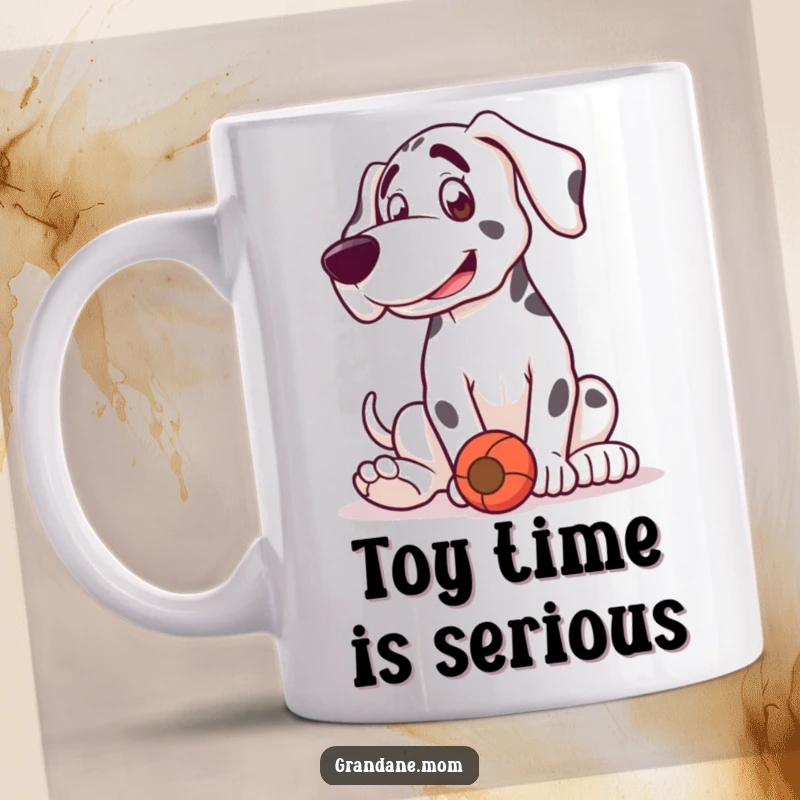 Funny Grand Dane mug showing a dog in a playful bounce, happily engaged with a toy.