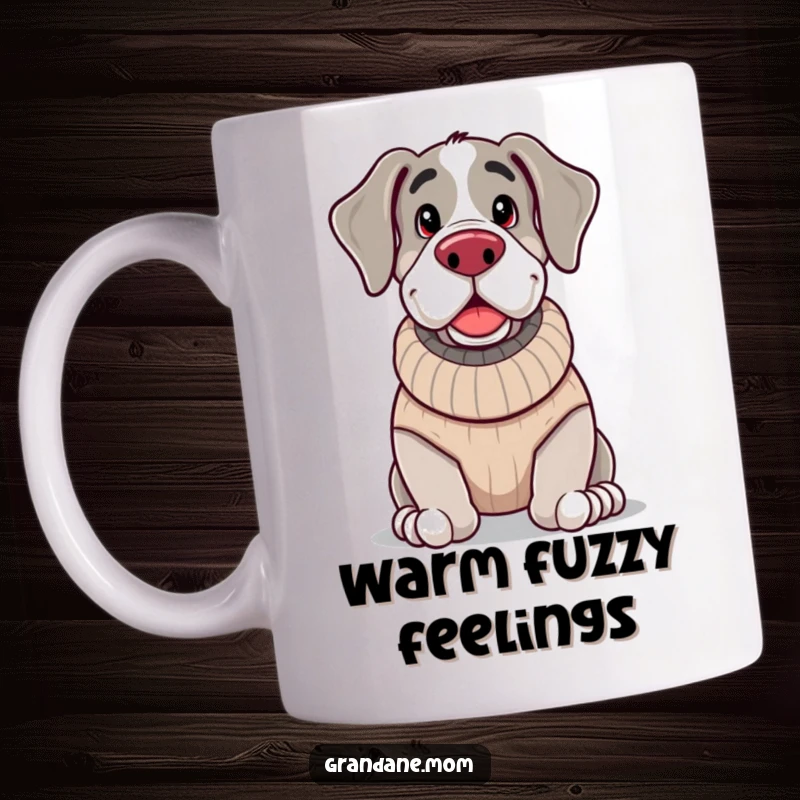 Funny, jolly Grand Dane dressed in a soft, knitted sweater, looking incredibly cozy and content.