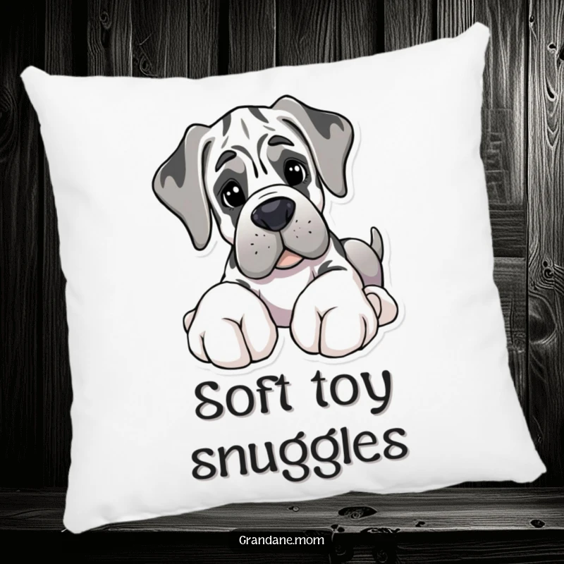 Funny pillow featuring a Grand Dane with large paws gently offering a soft toy, bringing comfort and humor.