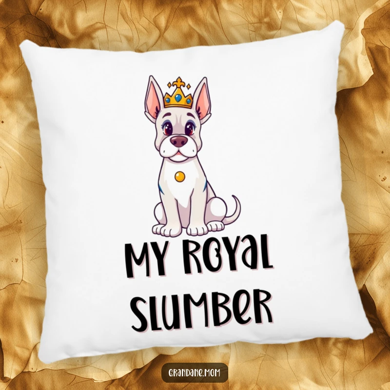 Funny Grand Dane Pillow: A plush pillow showcasing a majestic Grand Dane wearing a tiny crown, offering humorous royal comfort.