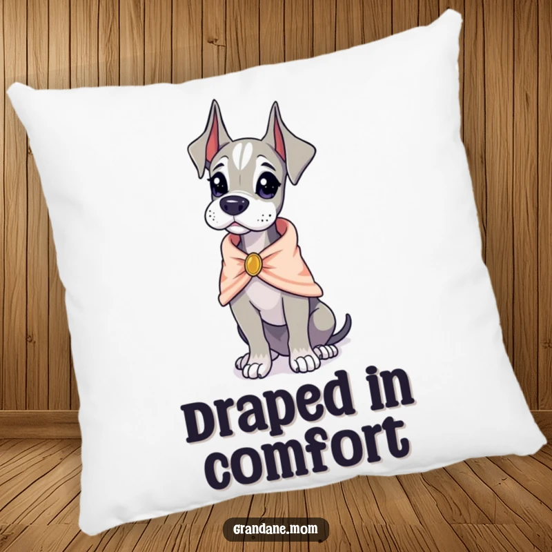 Funny Grand Dane wearing a tiny, elegant shawl, looking poised, a soft and decorative pillow, elegant humor, funny gift.
