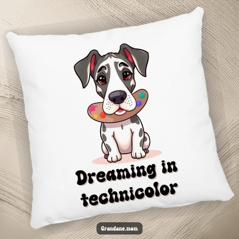 Funny Great Dane artist pillow, soft and decorative, featuring a dog with a paint palette, a great gift.