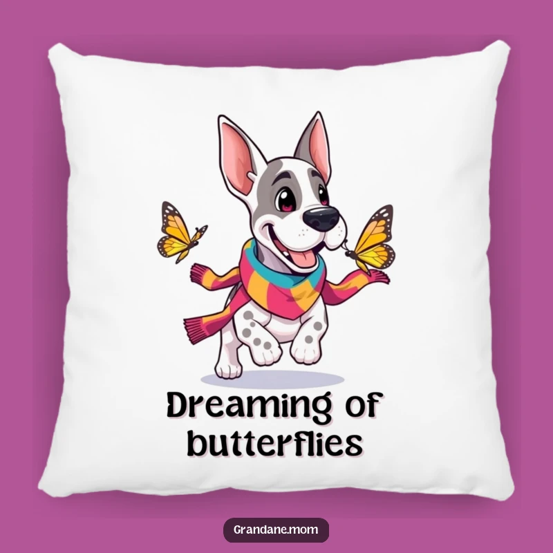 Funny Grand Dane Scarf Pillow: Cheerful Dog Butterfly Chase Cushion Gift