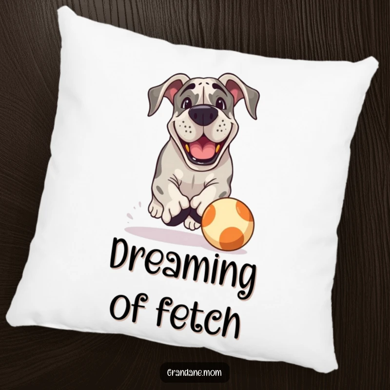 Funny Grand Dane Pillow: A plush pillow featuring a playful Grand Dane chasing a large ball, offering humorous energetic comfort.