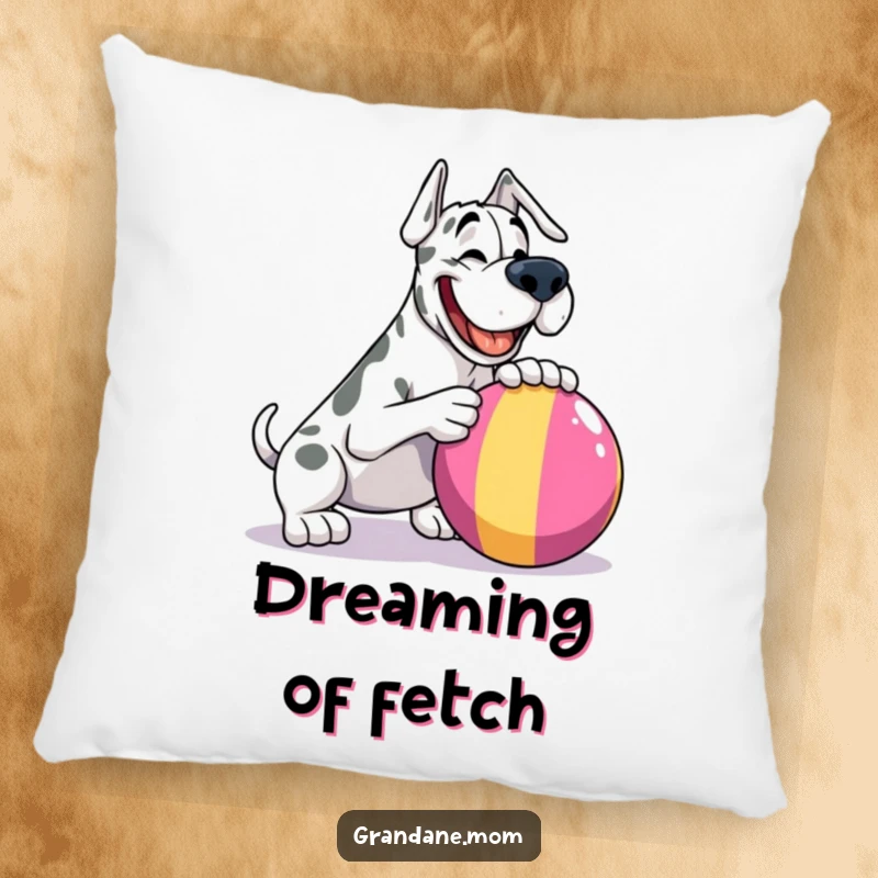 Funny Grand Dane pillow, a happy dog playfully nudging a big, colorful ball, adding comfort and humor to any room.
