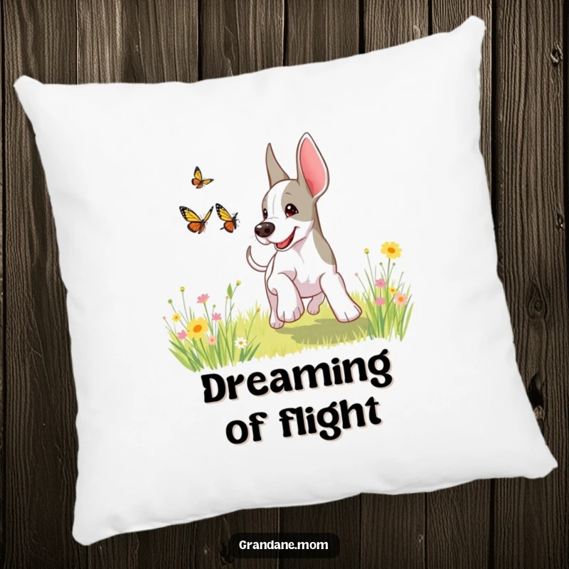 Funny, gentle Grand Dane chasing a butterfly in a sunny meadow, perfect for adding comfort and a smile.