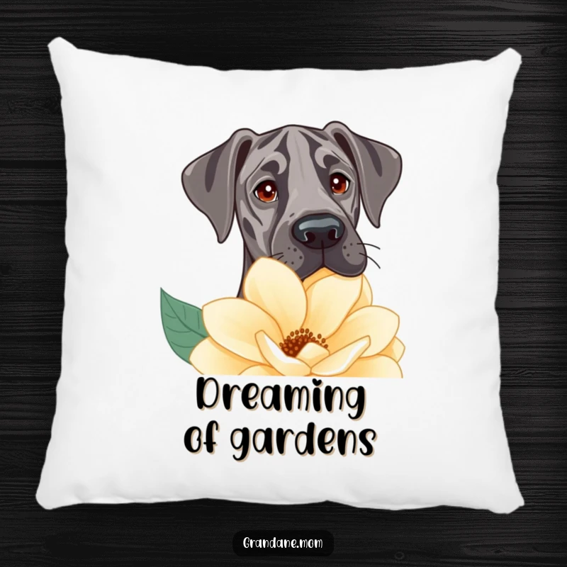 Funny Pillow with a Great Dane peeking curiously over a large flower, offering gentle charm and cozy comfort.