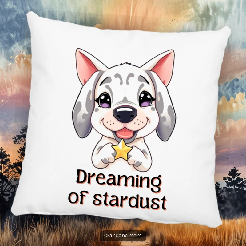 Funny Grand Dane pillow, plush cushion of a happy dog hugging a small, glittering star, soft and amusing.