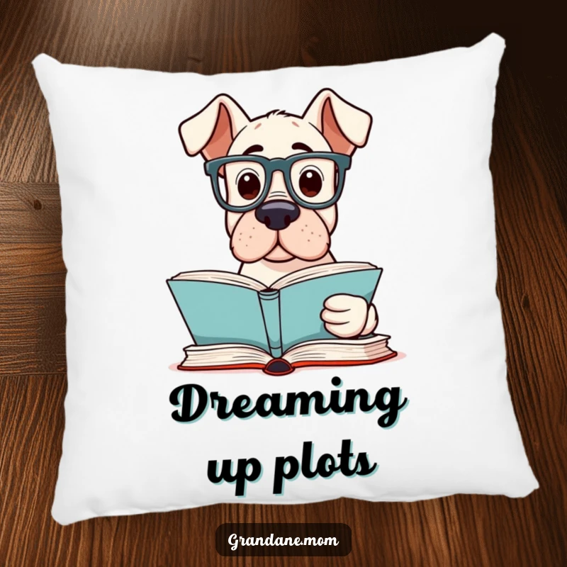 Funny Grand Dane Reader Pillow of an intellectual Grand Dane dog wearing reading glasses, deeply focused on a book.