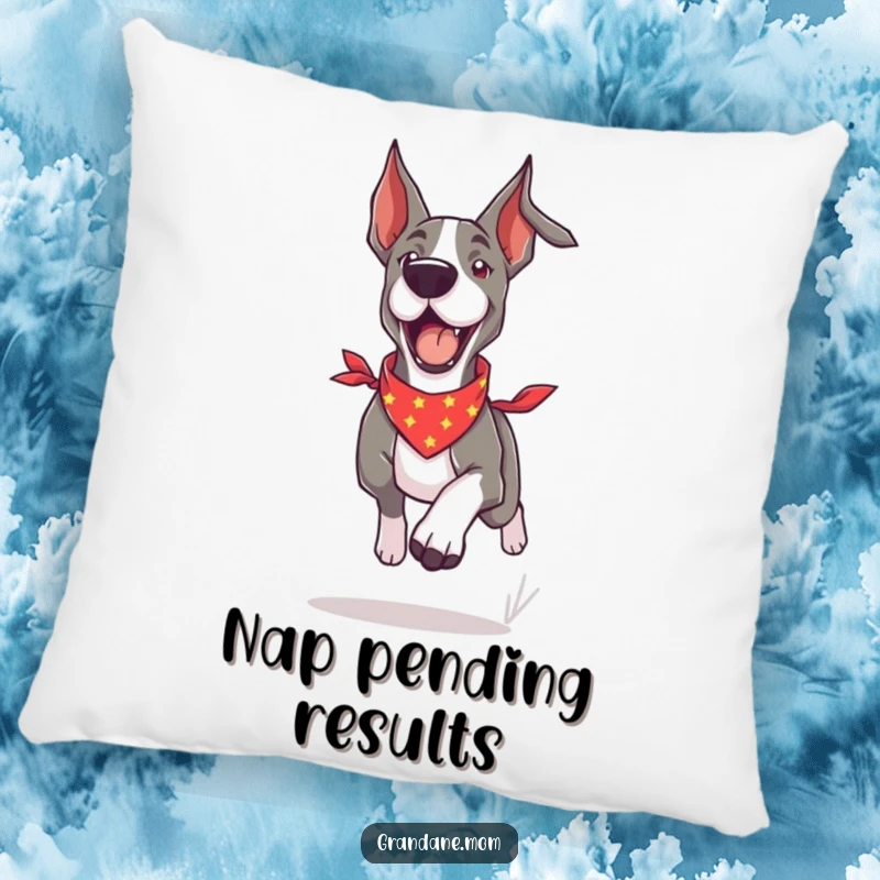 Funny Grand Dane pillow displaying a dog in a bandana running with high energy and an infectious, playful grin.