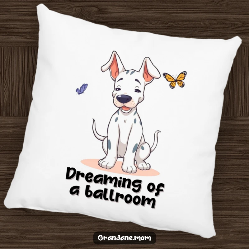 Funny Grand Dane pillow, featuring a dog with a playful wiggle, attempting to dance with a butterfly.