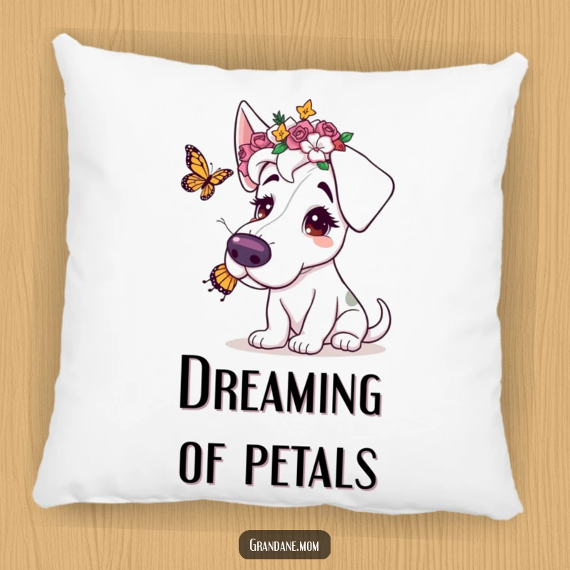 Funny pillow featuring a Grand Dane wearing a flower crown, playfully interacting with a butterfly, offering comfort and gentle charm.