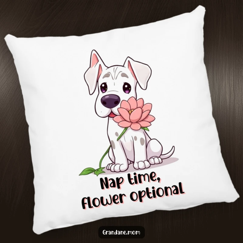 Funny Grand Dane pillow, featuring a gentle dog offering a large flower with a sweet and kind expression.