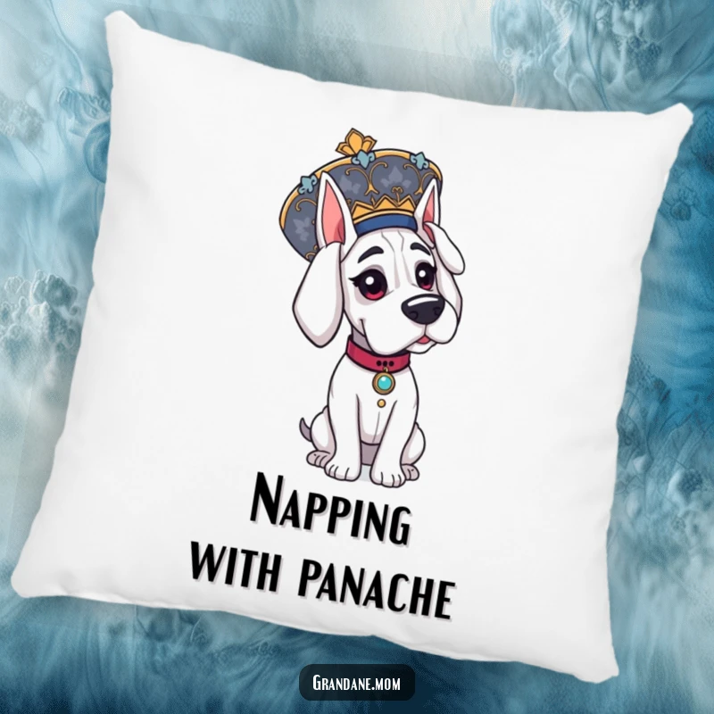 Funny Grand Dane pillow, showing an elegant dog wearing a very large, ornate hat, adding a touch of class.