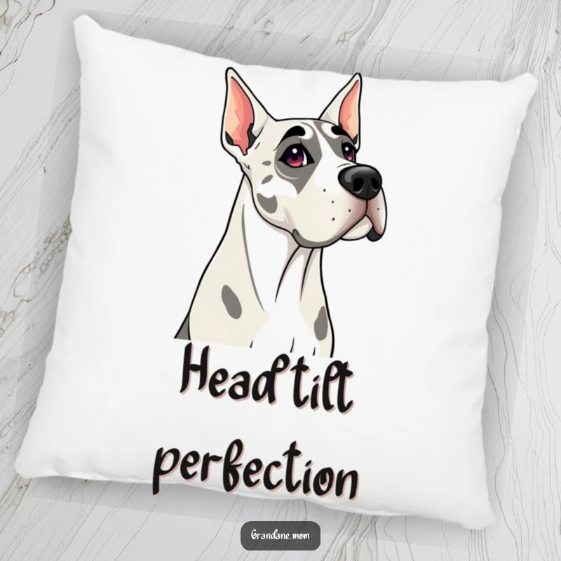 Funny Grand Dane pillow showcasing a curious dog tilting its head, offering comfort and a humorous decorative touch.