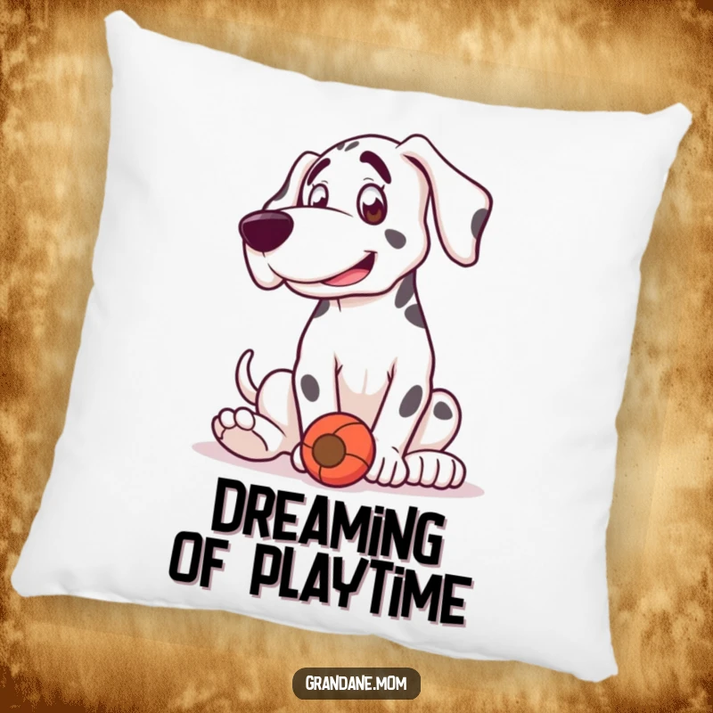 Funny Grand Dane pillow with a plush design of a dog in a playful bounce, happily playing with a toy.
