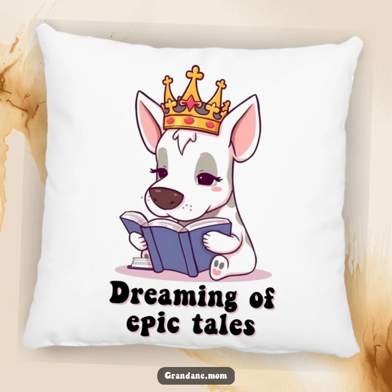 Funny Grand Dane Royal Pillow, a crowned dog reading a book, soft and decorative, an ideal funny gift for relaxation.