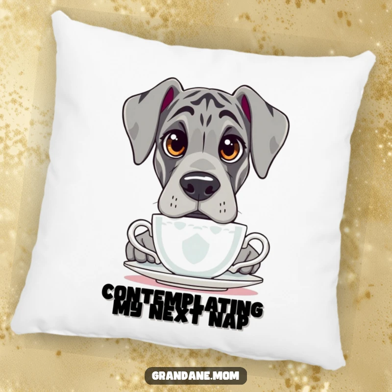 Funny Grand Dane pillow, featuring a dog with large, questioning eyes peering over the rim of a teacup.
