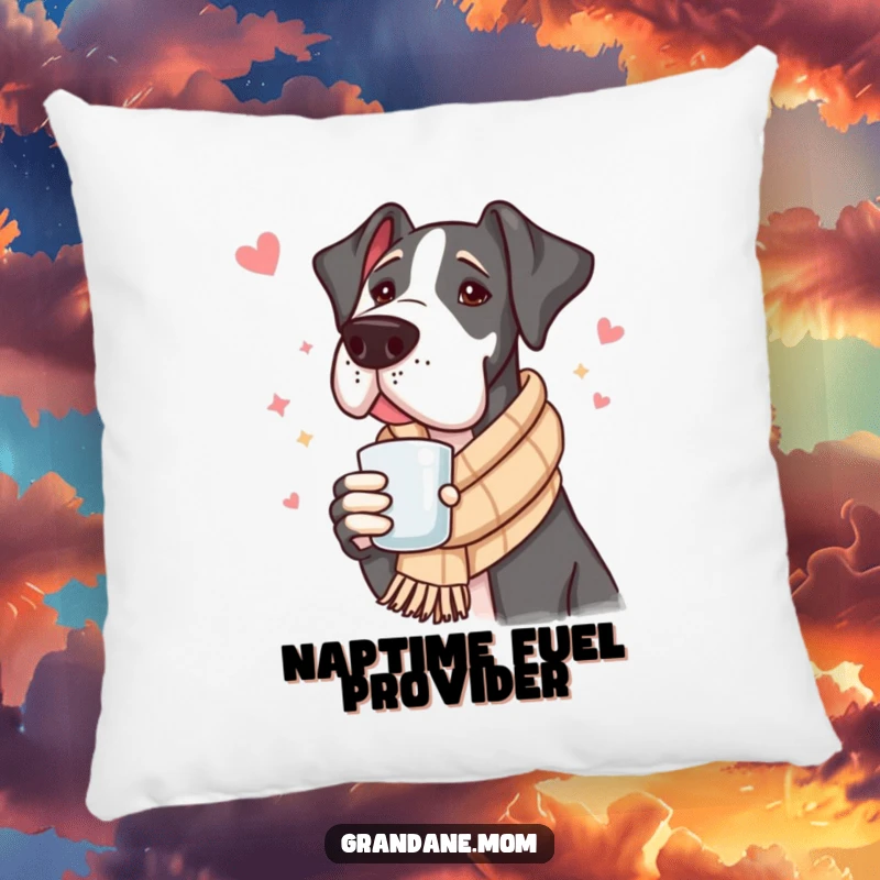 Funny Great Dane Pillow: A plush pillow featuring a Great Dane in a scarf holding a warm drink, adding cozy humor.