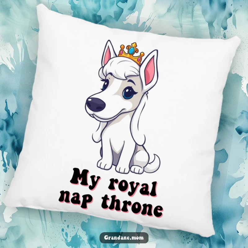 Funny Grand Dane tiara pillow showcasing a big dog wearing a small crown, looking regal and dignified, perfect for luxurious comfort.