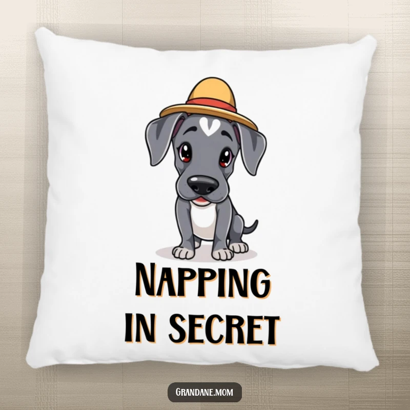 Funny Kawaii Great Dane pillow: an adorable dog in an elegant hat is tiptoeing cautiously, offering comfort with cute, stealthy humor.