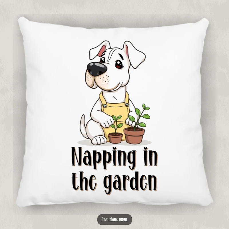 Funny Grand Dane tenderly caring for a tiny sprout while wearing a gardening apron, depicted on a soft decorative pillow.