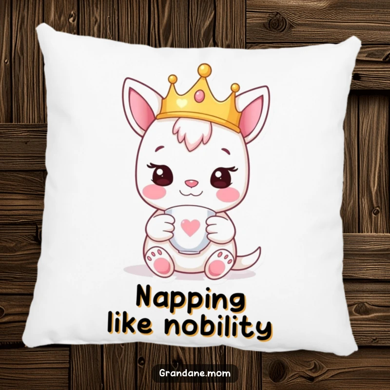 Funny daniff pillow with a happy expression, wearing a tiny crown and holding a teacup, perfect for adding royal comfort.