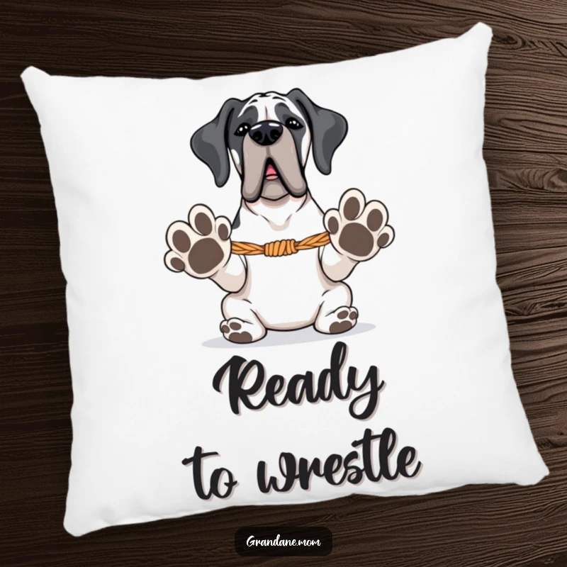 Funny Grand Dane pillow featuring a large dog with paws extended, ready for tug-of-war, offering comfort and humorous playtime vibes.