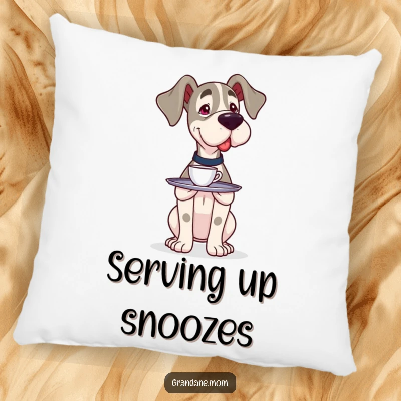 Funny Grand Dane server pillow showcasing a big dog carefully balancing a small tray with a single cup, perfect for balanced comfort.