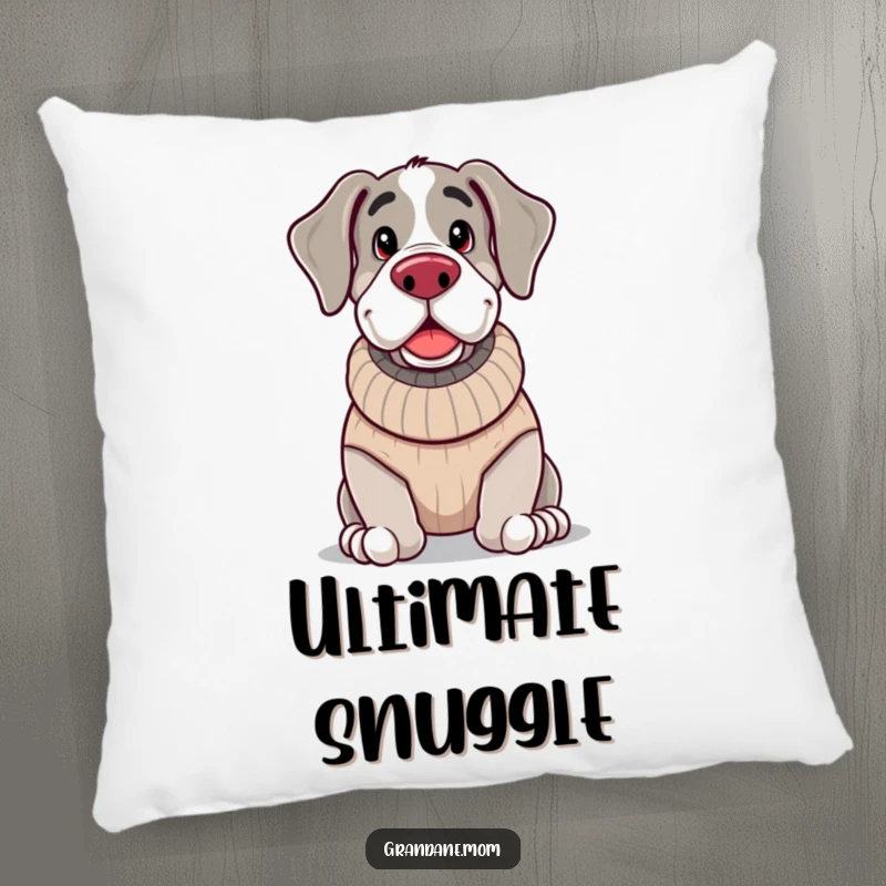 Funny, jolly Grand Dane wearing a knitted sweater and looking cozy, perfect for adding comfort and charm to any space.