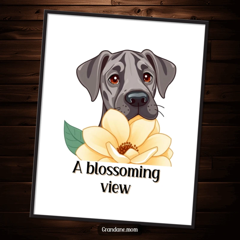 Funny Digital Art Print of a Great Dane with gentle eyes curiously peeking over a large flower, full of charm.