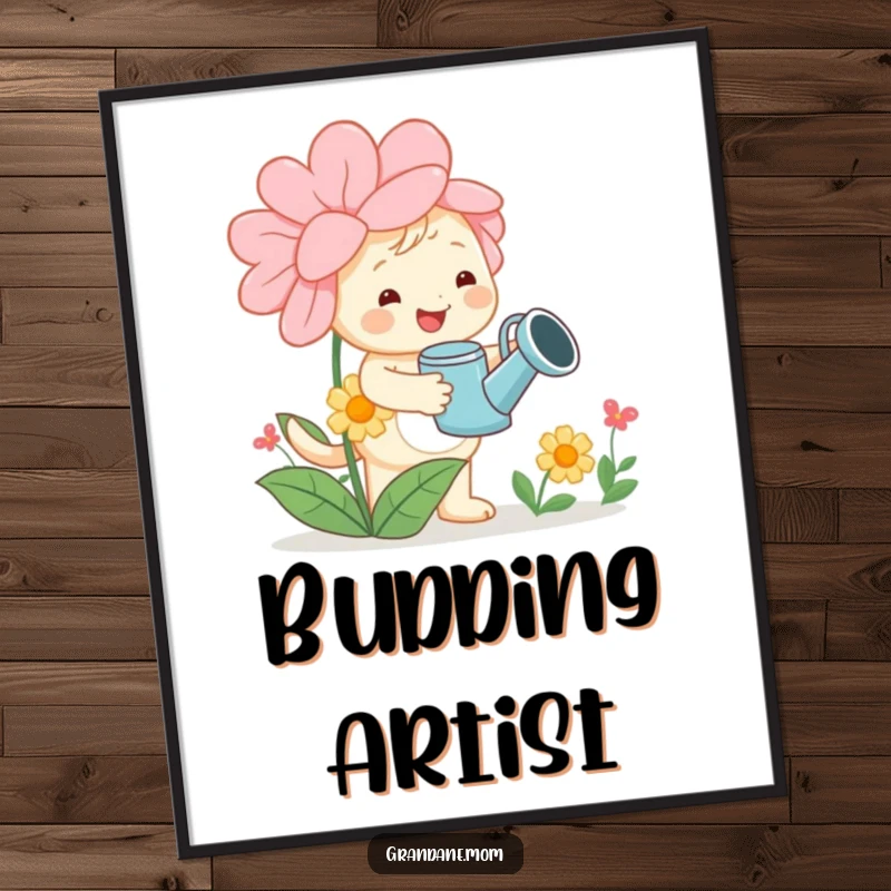 Funny daniff digital art print, a cheerful dog with a watering can tending a large flower, vibrant and humorous artwork for instant decor.