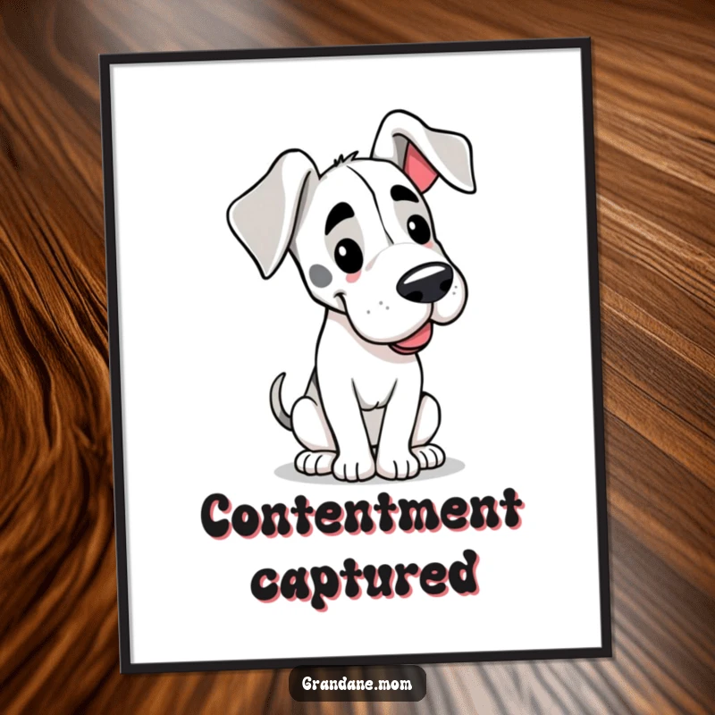 Funny digital art print of a happy Grand Dane with floppy ears, its tail wagging slowly, conveying pure joy.