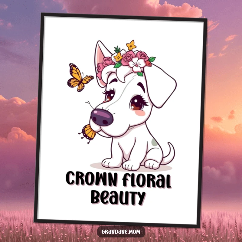 Funny digital art print of a Grand Dane with a flower crown, playfully batting a butterfly, embodying serene beauty and canine love.