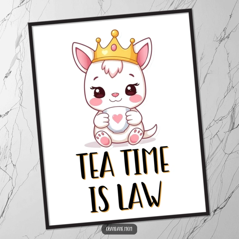 Funny daniff digital art print of a happy pup wearing a tiny crown and holding a teacup, exuding royal charm.