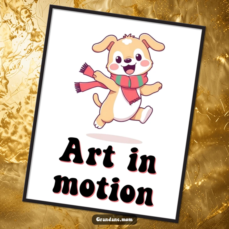 Funny daniff digital art print, a stylish dog wearing a scarf mid-playful leap, high-resolution humorous artwork for instant decor.